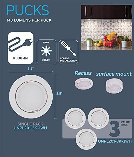 Nadair UNPL201-3K-3WH Wired LED Puck Lights (x3) Plug-In Lighting, Can Be Surface Mount or Flush Mount, Easy To Install, Daisy Chain, 3-pack 3000K Warm White