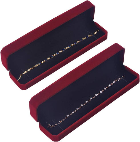iSuperb Set of 2 Wine Red Velvet Necklace Chain Bracelet Display Case Storage Jewelry Gift Box 8.7x1.6x2inch
