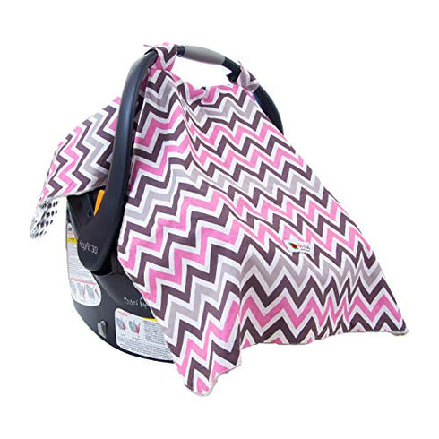 Baby Carseat Canopy Cover-Breathable Infant Car Seat Cover Helps Protect Babies-Our Baby Car Seat Covers Also Double as a Nursing Cover, High Chair Cover & Playmat-Pink & Gray Chevron with Gray Minky