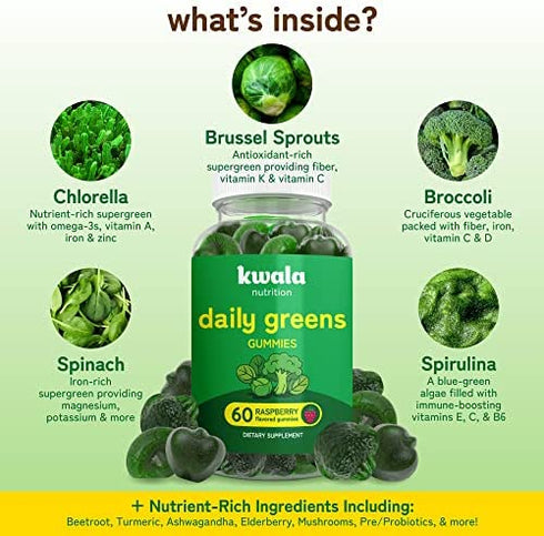 Superfood Greens Gummies with Fruits and Veggies for Energy & Immunity - Fruit and Vegetable Supplements with Spirulina, Chlorella, Beets & Tart Cherry - Daily Greens Supplements - 60 Veggie Gummies
