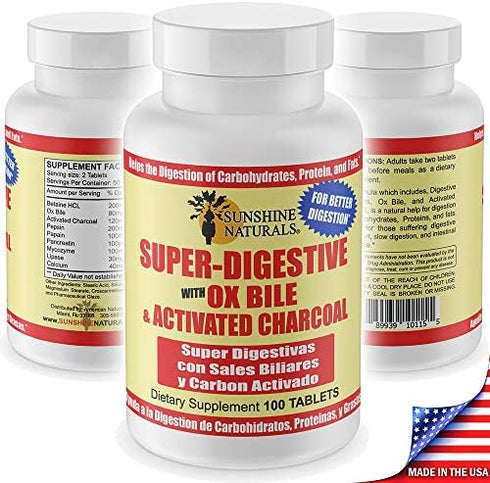 Sunshine Naturals Super Digestive Dietary Supplement. With Ox Bile and Activated Charcoal. Helps the Digestion of Protein and Fat. 100 Tablets