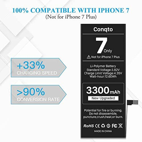Conqto Upgraded Battery for iPhone 7, 3300mAh 2022 New Version Higher Capacity 0 Cycle Battery Replacement for iPhone 7 A1660, A1778, A1779 with Full Set Repair Tool Kits, Adhesive & Instructions