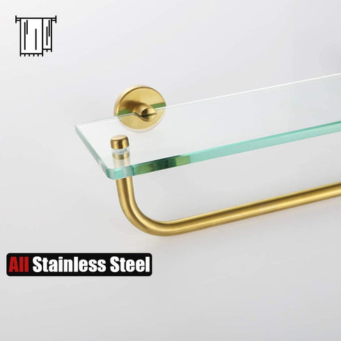 JQK Bathroom Glass Shelf, Shelf with 16 Inch Towel Bar Tempered Glass Shower Storage 16 by 5 inches, 304 Stainless Steel Brushed Gold Wall Mount, TGS100-BG
