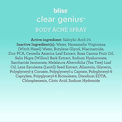 Bliss Clear Genius Body Acne Spray | Maximum Strength 2% Salicylic Acid Shrinks & Prevents Body Acne | Clean | Cruelty-Free | Paraben Free | Vegan | 3.5 oz