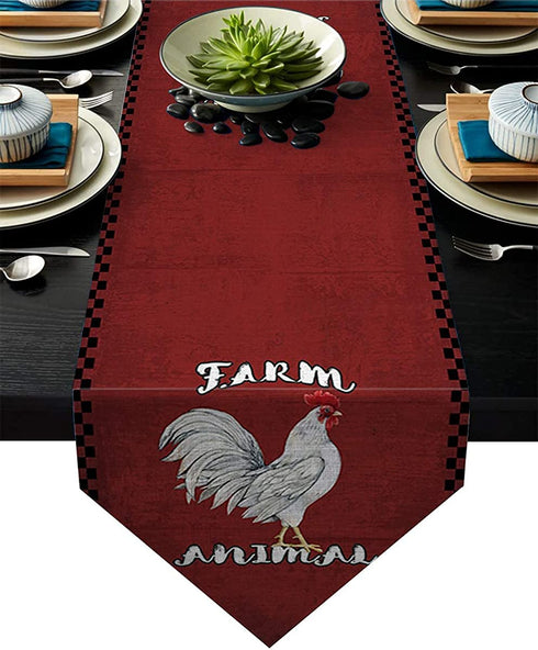 Meet 1998 Cotton Linen Table Runners Farm Animal Rooster Cock Tablecovers for Kitchen Garden Red Wedding Parties Dinner Indoor Outdoors Home Decorations 13x70 inches