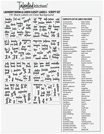 Talented Kitchen 141 Laundry Room Labels for Jars and Containers, Preprinted Black Script Stickers for Linen Closet, Bathroom Organization, Cleaning Supplies (Water Resistant)