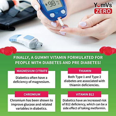 YumVs Diabetic Multivitamin Gummies | Sugar Free Diabetes Supplement Vitamins for Women & Men | Chromium, Thiamine and Magnesium | Natural Raspberry Flavor Chewables - 60 Count