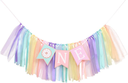 Donut 1 to 2 Years Old Birthday Banner - Donut Theme Birthday High Chair Banner, a Soft Rainbow Ribbon Tutu Group, Sweet Days, Leaving a Wonderful Party Time, Perfect Party Decoration. (Donut 1)