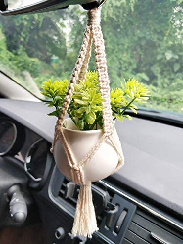 Dahey Mini Macrame Plant Car Accessories Rear View Mirrior Charm Cute Hanging Rearview Car Decor Boho Hanger with Artificial Succulent Plants for Plant Lover, 2 Pcs, 10.5 inch, White