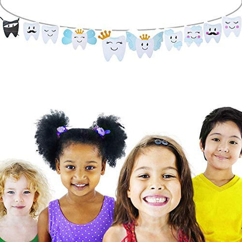 Baby Birthday Decorations Tooth Party Banner for Kids Boys or Girls 1st Birthday Party and Dental Graduation Party Decorations, 10 Different Smilling Tooth Angel Deisgn with Cute Mustache Cloud and Crown, Great for Baby Shower Decorations