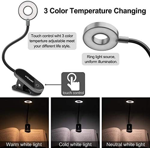 Visson Stepless Dimming Book Light,12 LED Reading Lights for Books in Bed,3 Color Temperature,Rechargeable Clip-on Light with Magnetic Function.Perfect for Bookworms,Kids