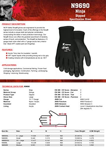 Memphis Gloves 2X Black Ninja ICE 7 Gauge Acrylic Terry Lined General Purpose Cold Weather Gloves With Knit Wrist, 15 Gauge Nylon Shell And HPT Coated Palm And Fingertips, XX-Large (N9690XXL)