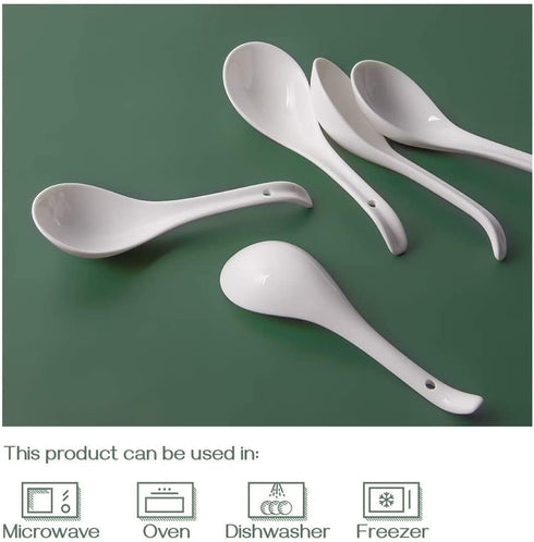 DOWAN Soup Spoons, Ceramic Chinese Soup Spoons, Asian Soup Spoons, White Japanese Spoon Large for Ramen Pho Wonton Dumpling Miso, Set of 6
