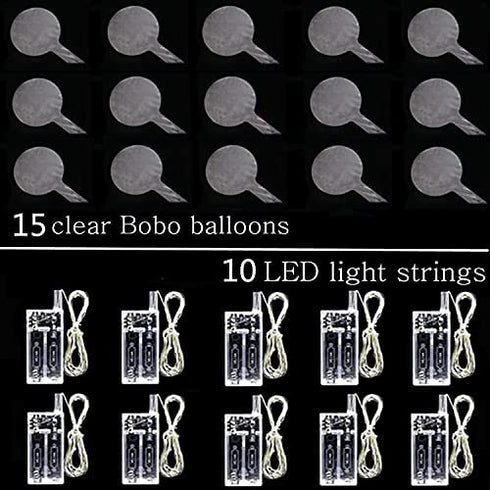 LED Light Up Bobo Baloons 10 Packs, 20 Inches Clear Helium Transparent Balloons 15 pcs, Glow in The Dark Ballons for Christmas Wedding Birthday Valentines Day Halloween Party Decoration