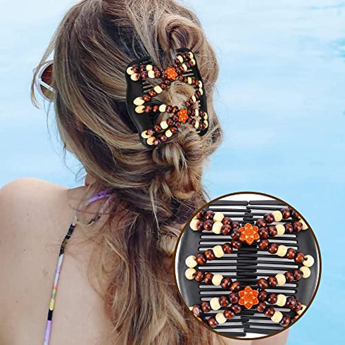 Aethland 4 Pcs Hair Combs for Women Accessories, Comby Magic Hair Comb for Women Wood Beaded Stretch Double Hair Side Combs Clips Elastic Beaded Hairpins Combs (Set A)