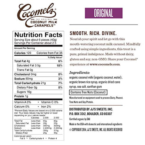 Cocomels Coconut Milk Caramels, Original Flavor, Organic, Dairy Free, Vegan, Gluten Free, Non-GMO, No High Fructose Corn Syrup, Kosher, Plant Based, Individually Wrapped Candy, (1 Pack)