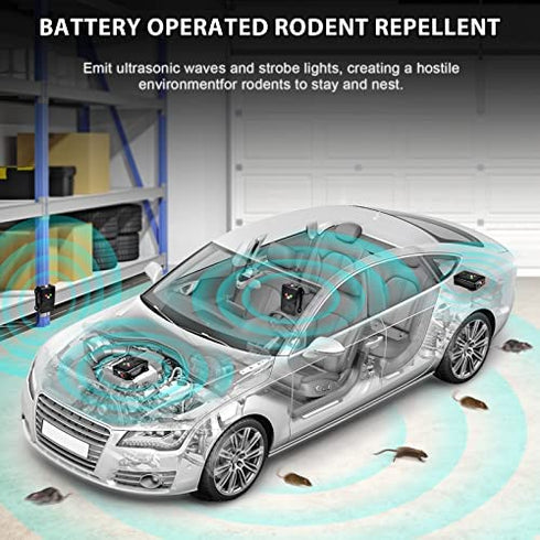 Loraffe Under Hood Animal Repeller Battery Operated Rodent Repellent Ultrasonic Rat Deterrent Keep Mice Away from Car with Ultrasounds and LED Strobe Lights Rodent Defense Vehicle Pest Control