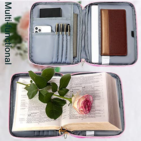 Bible Covers Bible Case for Women Girls Bible Book Carrying Bag Kids Scripture Case Church Bag Bible Protective with Handle Pockets Zippered Pocket (Green-Floral)