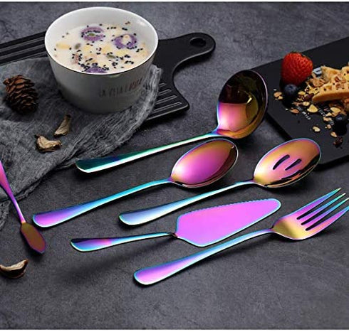 Rainbow Serving Spoons Set 6 Pieces, Serving Utensils Set Include Cake Server Slotted Spoon Serving Spoon Serving Fork Ladle Butter Knife Spreader Serving Set Dishwasher Safe