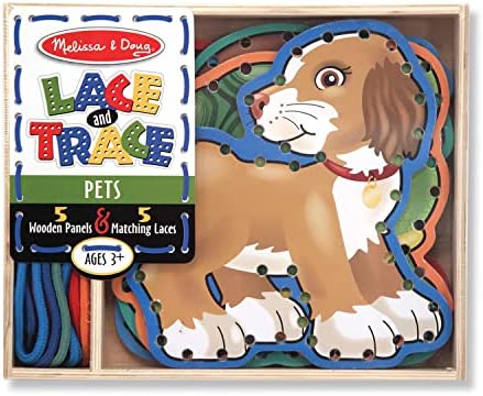 Melissa & Doug Lace and Trace Activity Set: Pets - 5 Wooden Panels and 5 Matching Laces - Lacing Toys For Toddlers, Fine Motor Skills Threading Cards, Lacing Cards For Preschoolers And Kids Ages 3+