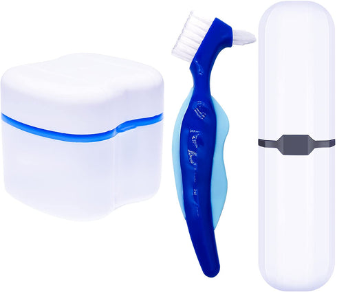 Denture Case,Denture Cups Bath, Toothbrush with hard denture, Dentures Container with Basket Denture Holder for Travel,Mouth Guard Night Gum Retainer Container (Blue)