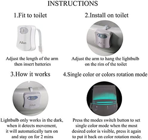 Toilet Night Light 2Pack by Ailun Motion Sensor Activated LED Light 8 Colors Changing Toilet Bowl Illuminate Nightlight for Bathroom Battery Not Included Perfect with Water Faucet Light