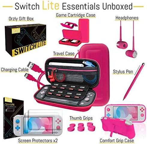 Orzly Accessories Bundle for Switch Lite - Case & Screen Protector for Nintendo Switch Lite Console, USB Cable, Games Holder, Comfort Grip Case, Headphones, Thumb-Grip Pack & More - Pink