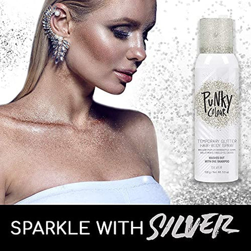 Punky Temporary Hair and Body Glitter Color Spray, Travel Spray, Lightweight, Adds Sparkly Shimmery Glow, Perfect to use On Hair, Skin, or Clothing, 3.5 oz - SILVER