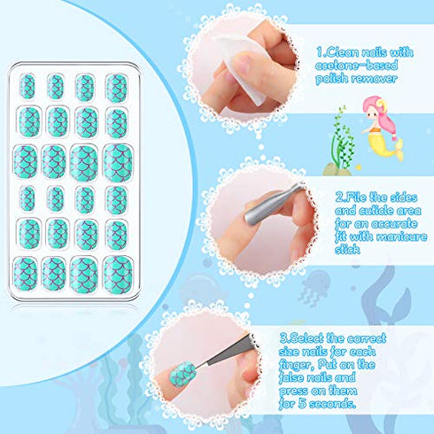 384 Pieces Kids Press on Nails Mini False Nails with Designs Press on Nails for Kids Stick on Short Fake Nails for Christmas Nail, 16 Boxes (Mermaid, Shell)