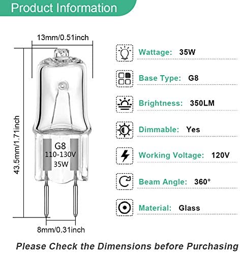 TAIYALOO G8 Halogen Light Bulbs 35W Dimmable 120V G8 Base 2Pin Xenon Bulb T4 JCD Type Warm White Under Cabinet Puck Lighting Replacements?12 Pack?