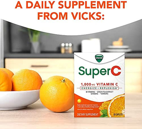 Vicks Super C Energize and Replenish* Daytime Daily Supplement with Vitamin C, B Vitamins Plus a Blend of Herbal Extracts, Coated to be Easy to Swallow, from The Makers of Vicks, 28ct