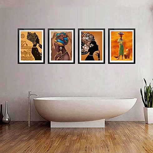 Ethnic Ancient Tribal Retro Style Wall Art Painting Prints Aesthetic African American Themed Black Woman Wall Artworks for Home Decor Girls Bedroom Bathroom Canvas Wall Poster, Set of 4 (8"X10" Unframed )