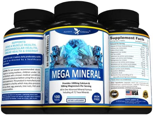 Potent Garden Mega Mineral Supplement Complete Mineral Complex with Calcium Magnesium Zinc Potassium Boron Selenium Chromium & 72 Trace Minerals Iron Free Calcium Supplement -100 Pills
