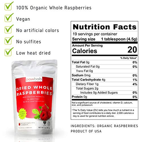 powbab Dried Raspberries Whole - 100% USA Grown Organic Raspberries. No Sugar Added, No Oil, No Juice Concentrate. Unsweetened Dehydrated Fruit. Not Freeze Dried, Frozen or Fresh. For Baking (3 oz)