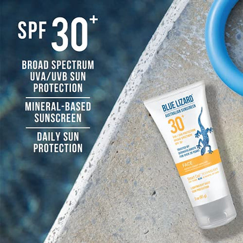 Blue Lizard Face Mineral-Based(Combining mineral and chemical UV protectors) Sunscreen with Hydrating Hyaluronic Acid SPF 30+ UVA/UVB Protection, 3 oz