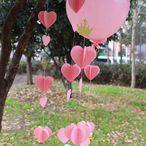 Mybbshower Gold Pink 3D Paper Heart Crown Garland Girl Princess Birthday Party Nursery Room Decor Balloon Tail Pack of 5