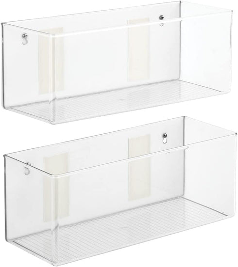 mDesign Plastic Adhesive Mount Storage Organizer Container for Kitchen or Pantry Wall Organization - Space Saving Holder for Sandwich Bags, Foil - 6 Inch Deep - Linge Collection - 2 Pack - Clear