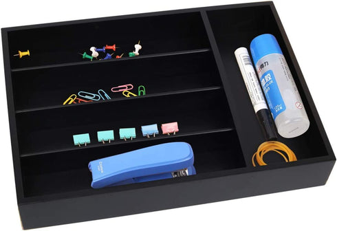 Silverware Utensil Tray Wooden Cutlery Drawer Dividers 5 Compartments Flatware Organizer Storage Holder Bamboo Flatware Organizer for Kitchen Office Supplies Cosmetics (Black)(Black)