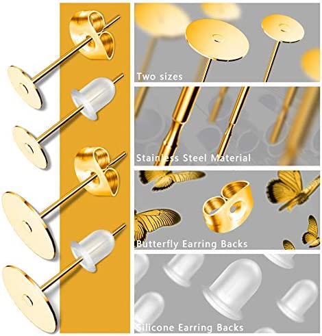 Gold Earring Posts and Backs, 500Pcs Hypoallergenic Earring Studs for Jewelry Making with Butterfly Earring Backs and Rubber Bullet Earring Backs (4mm, 6mm)