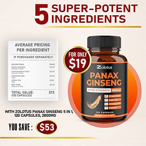 Korean Red Panax Ginseng + Ginkgo Biloba, 2800mg Highest Potency with Ashwagandha, Beetroot, Green Tea Extract, Boost Energy, Mood, Focused Strength, Enhanced Stamina Performance., 120 Capsules