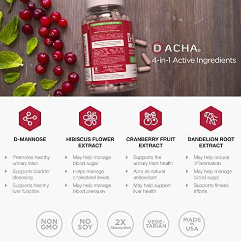 Natural D-Mannose Capsules 4-in-1 Formula - 120 CAPS, 1500 MG Cranberry, Dandelion, Hibiscus Flower Extract, Fast-Acting Pills for Bladder, Urinary Tract Health Support, Flush or Prevent Impurities