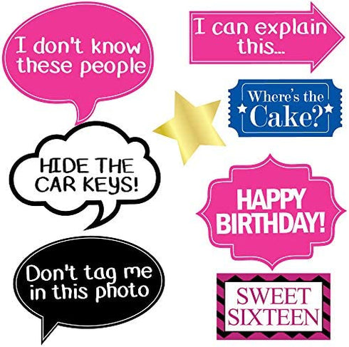 16th Sweet 16 Birthday Photo Booth Party Props - 40 Pieces - Funny 16th Birthday Party Supplies, Decorations and Favors