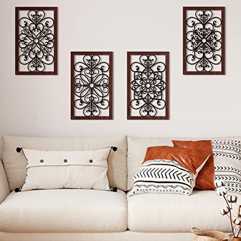 4 Pieces Thicken Rustic Wall Decor Modern Farmhouse Wall Art Decor Wooden Hollow Carved Design Rustic Wall Art for Living Room Bedroom Hallway Decor Office Kitchen Wall Decoration (Traditional Style)