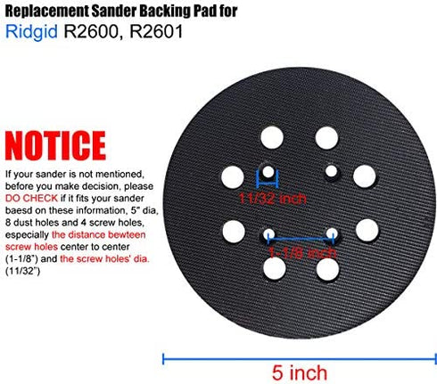 5" Hook and Loop Sander Pad for Ridgid R2600, R2601 Random Orbit Sanders - Replacement for Pad Part Number 300527002 - with Extra Hard Backing