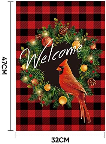 UPINLOOK Cardinal Christmas Garden Flag, Wreath Welcome Garden Flag Vertical Double Sided, Winter Valentine's Day Buffalo Check Plaid Rustic Farmhouse Yard Flag Outdoor Decoration 12.5 x 18 Inch