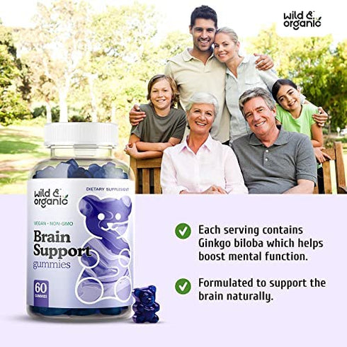 Wild & Organic Brain Booster Gummies - Natural Nootropic Dietary Supplement to Support Cognitive Function, Sharpen Memory - Ashwagandha, Bacopa, Ginkgo Biloba, Rhodiola Rosea, DMAE - 60 Chewables