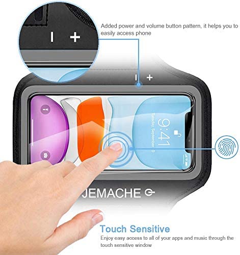 iPhone 14, 13, 12, 11, XR Armband, JEMACHE Water Resistant Gym Running Workouts Arm Band Case for iPhone XR, 11, 12, 13, 13 Pro, 14, 14 Pro with Key Holder (Black)