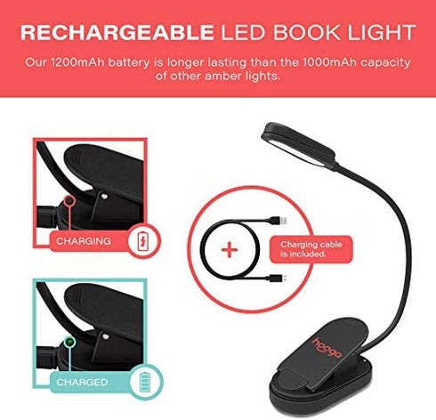 hooga Book Light, Rechargeable Clip On Blue Blocking Amber LED Light for Reading in Bed. 1600K Color. Eye Care Light for Strain-Free, Healthy Eyes. Gift for Students, Kids, Travel, Nursing, Studying.