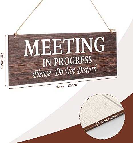 1 Piece Double-side Meeting In Progress Please Do Not Disturb, Welcome Please Knock Hanging Wooden Sign Plaque, In a Meeting Sign for Office Door Meeting Room Home Study, 16 x 6 Inch (Brown and White)