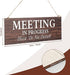 1 Piece Double-side Meeting In Progress Please Do Not Disturb, Welcome Please Knock Hanging Wooden Sign Plaque, In a Meeting Sign for Office Door Meeting Room Home Study, 16 x 6 Inch (Brown and White)